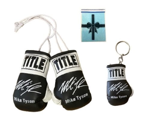 Speed Grenouille – Mini gants de boxe et porte-clés avec signature imprimée – Souvenir pour homme et femme – Accessoires auto – Noir (MikeTyson1)