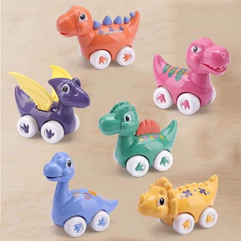 Ensemble de 6 voitures jouets en forme de dinosaures, idéales pour les enfants de 1 à 3 ans.