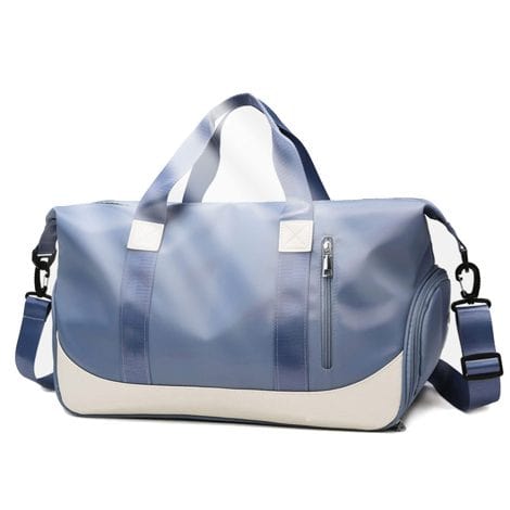 Grand sac de sport Keyck, idéal pour femme et homme, avec compartiment pour chaussures et poche imperméable. Convient au fitness, voyage, camping et piscine. Coloris bleu. Capacité 40L.