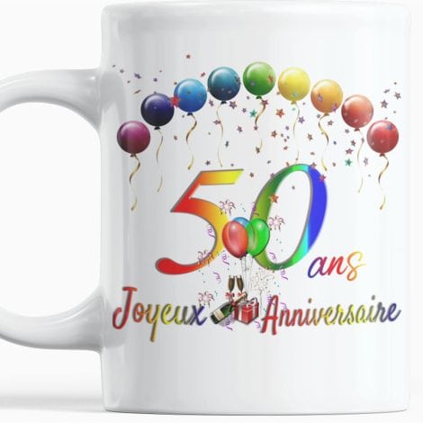 Mug coloré avec des ballons pour célébrer 50 ans – Joyeux Anniversaire ! Idée cadeau pour homme ou femme.