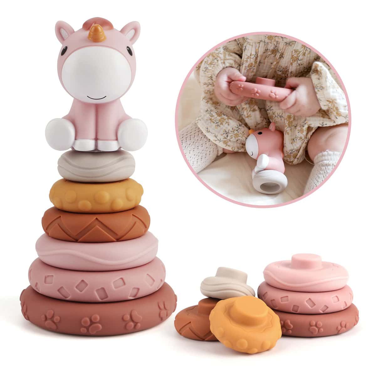 Gilowin 7 Jouets empilables avec Anneaux, Dentition pour bébé, Cercle de Nidification avec Figurine de Chevaux, Jouets d'éducation précoce, Cadeaux pour bébés 6 12 18 Mois, Tout-Petits, Filles…