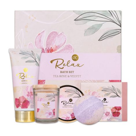 accentra – Ensemble de relaxation pour femmes – kit de bain avec bougie parfumée, savon, crème pour les mains, beurre corporel et bombe de bain – coffret bien-être pour femmes et filles.