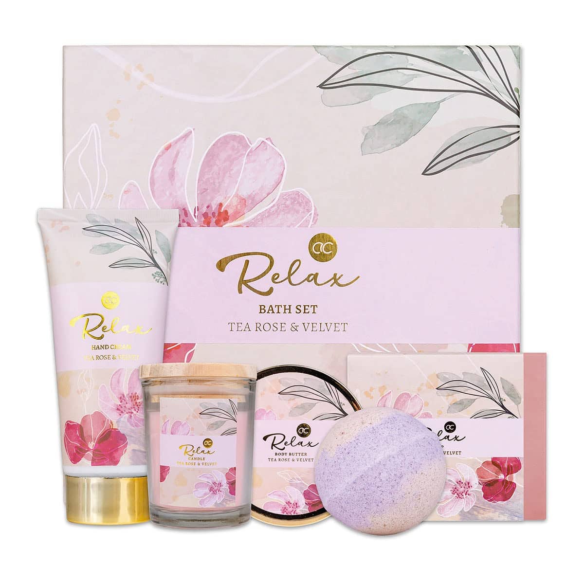 accentra - Coffret cadeau 5 pièces RELAX pour femmes - coffret de bain avec bougie parfumée, savon, crème pour les mains, beurre corporel et bombe de bain - coffret bien-être pour femmes et filles