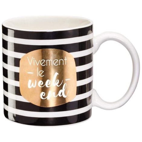 Mug en porcelaine fine “Vivement le week-end” avec motif noir et or de DRAEGER PARIS. Idéal pour offrir à vos proches, amis et collègues. Présenté dans un coffret cadeau.