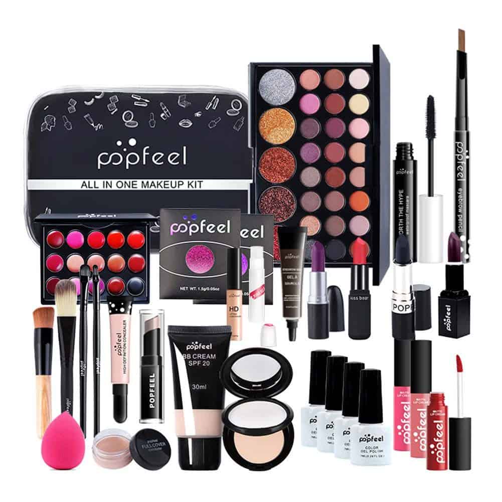 Kit de maquillage pour femme Kit complet, kit de maquillage polyvalent Ensemble-cadeau de maquillage tout-en-un Kit de démarrage essentiel de maquillage Comprend un fard à paupières pinceau brillant