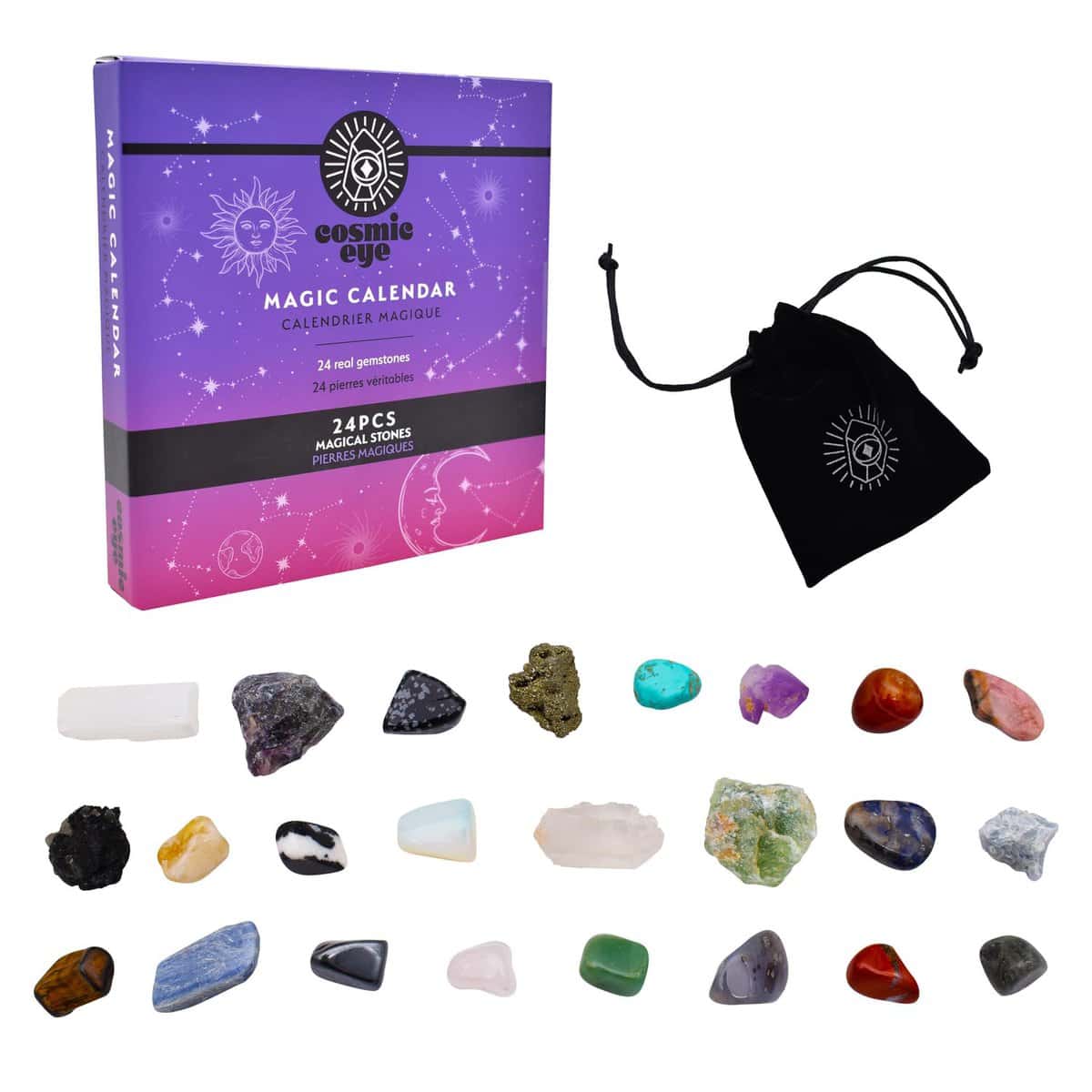 COSMIC EYE - Coffret de Pierres Naturelles, Kit de Lithothérapie, Ensemble de Pierres Précieuses pour une Année Équilibrée, Pierres précieuses, Calendrier de l'Avent, 24pcs, Lithothérapie