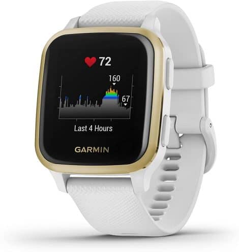 Montre connectée de santé et bien-être Garmin Venu SQ avec GPS, cardio poignet, musique et paiement Garmin. Couleur Light Gold avec bracelet blanc. Taille 40mm.