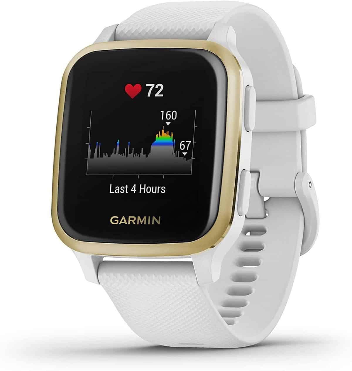 Garmin Venu SQ - Montre connectée santé bien-être, Gps intégré, multisports, cardio poignet, stockage musique, Garmin Pay - Light Gold avec bracelet blanc - Boîtier 40mm