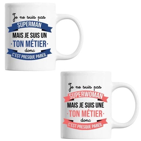 Tasse planétaire métier humoristique personnalisable, parodie superman/superwoman. Idéal pour un collègue de travail drôle et original.