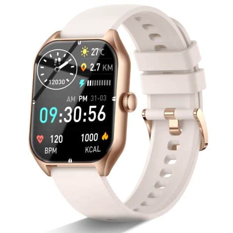 Montre intelligente pour femmes et hommes, 1,85″, appel, suivi du sommeil, fréquence cardiaque, sports, waterproof (blanc).