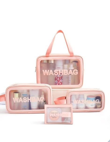 Trousse de toilette pour femme en PVC transparent, 4 pièces, étanche, idéale pour voyager en avion. (Rosa)