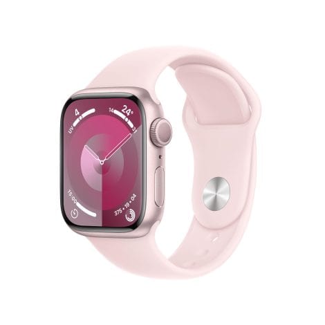 Montre connectée Apple Watch Séries 9 (41 mm, GPS) avec boîtier rose en aluminium et bracelet sport rose pâle (S/M). Suivi d’activité, applications oxygène dans le sang et ECG, écran Retina toujours allumé.