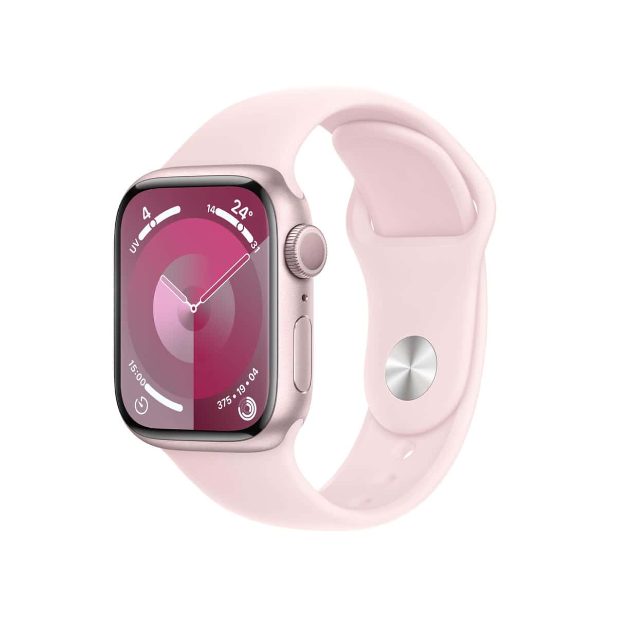 Apple Watch Series 9 (41 mm GPS) Smartwatch avec boîtier Aluminium Rose et Bracelet Sport Rose pâle (S/M). Suivi de l’activité Physique, apps Oxygène sanguin et ECG, écran Retina Toujours activé