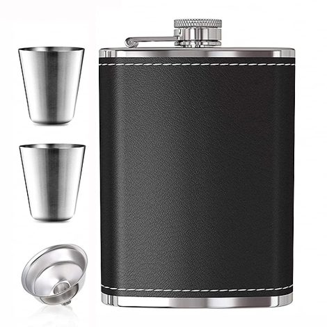 Ensemble Alcool avec 2 Tasses et 1 Entonnoir : Flasque en Cuir Noir, 240ml, Voyage en Plein Air.