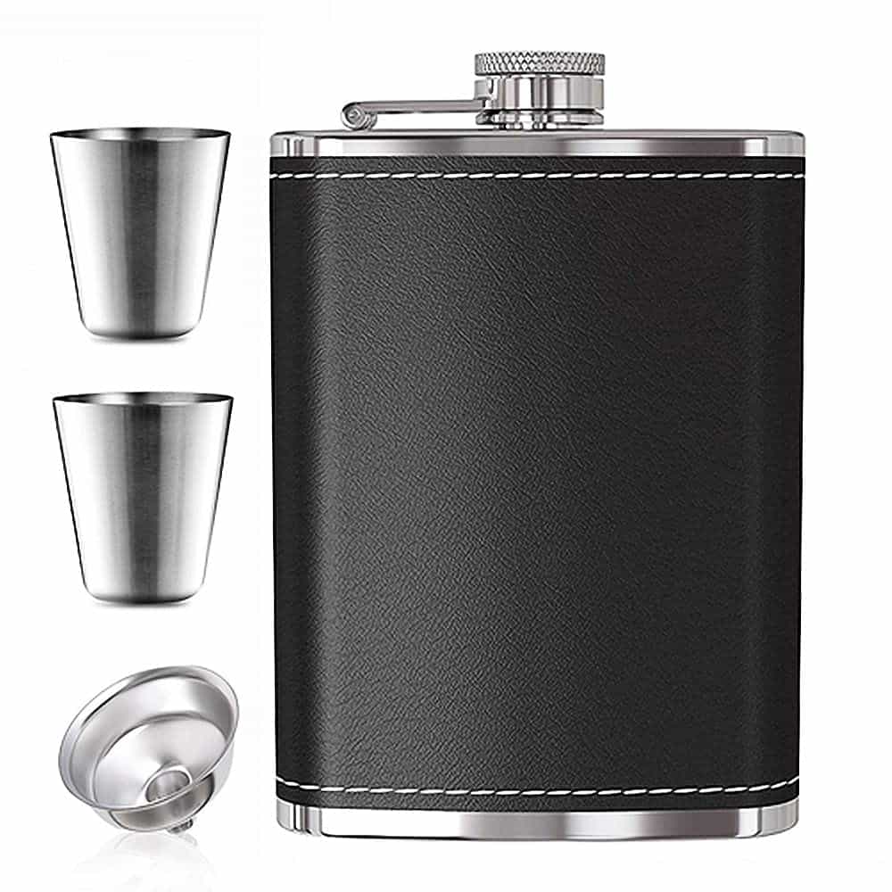 Flasque a Alcool avec 2 Tasses et 1 Entonnoir 8Oz, Cuir Noir 240ml Fiole Alcool Portable Acier Inoxydable Flasque de Whisky pour Voyage en Plein Air