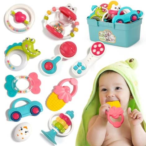 Pack de 10 hochets-anneaux de dentition Mini Tudou, jouets pour bébés de 0 à 9 mois, cadeau idéal pour garçons et filles.