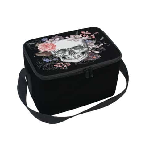 Sac à lunch isotherme avec motif tête de mort et fleurs roses pour le Dia de los Muertos, polyvalent pour tous.