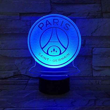 Lampe de table PSG Night avec logo 3D illusion du Paris Saint Germain, idéale pour les enfants.