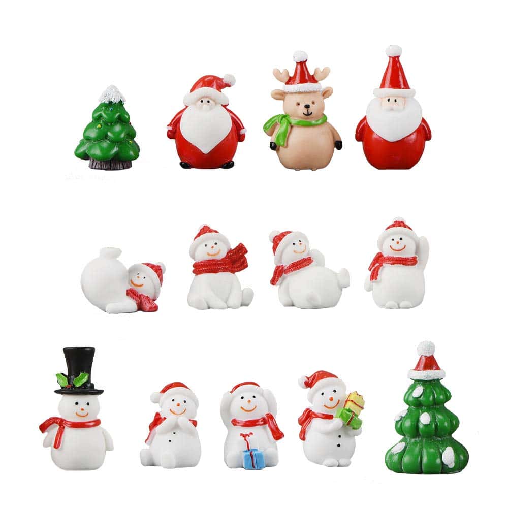 13PCS Noël Miniature Ornament Kits Mini Figurines de Noël Père Noël Arbre de Noël Bonhomme de Neige Renne Jardin Décoration de Noël pour Bonsai Dollhouse Fête Artisanat DIY Boule à Neige Table Gateau