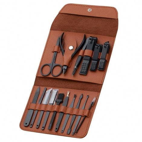 Kit de manucure et pédicure de 16 pièces en acier inoxydable avec étui en cuir marron, idéal pour les hommes.