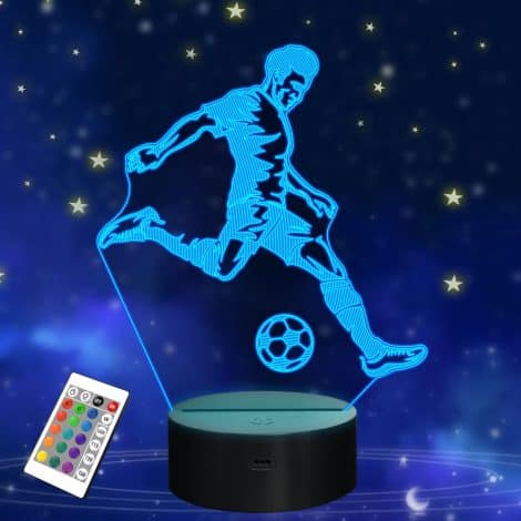 Veilleuse de football FULLOSUN, lampe 3D à illusion optique pour fans de football, idée de cadeaux d’anniversaire Noël pour garçons et filles fans de sport, avec télécommande, 16 couleurs, intensité réglable et 4 modes clignotants.