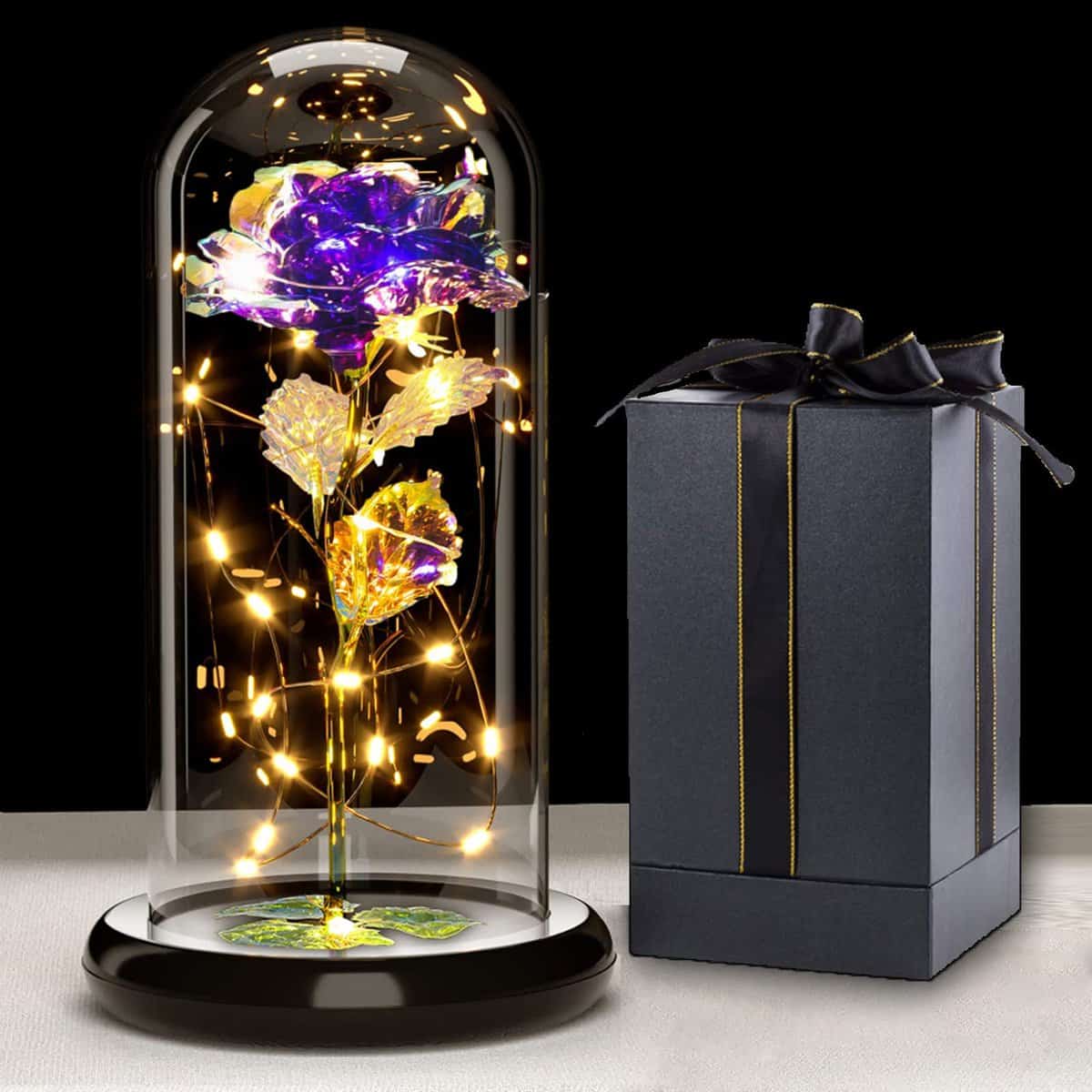 Rose Eternelle sous Cloche, Galaxy Rose avec LED Lumières, Fleurs de Rose Lumineuses, Fleur Artificielle Rose Cadeau pour Femme Maman Mère Grand-mère, pour Fête des Mères, Mariage, Anniversaire, Noël