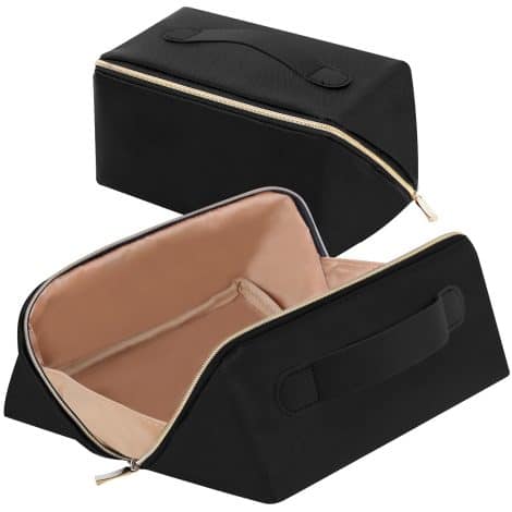 Trousse de maquillage en cuir noir imperméable, élégante et haut de gamme pour femmes et filles, idéale pour voyager et ranger ses cosmétiques et articles de toilette.