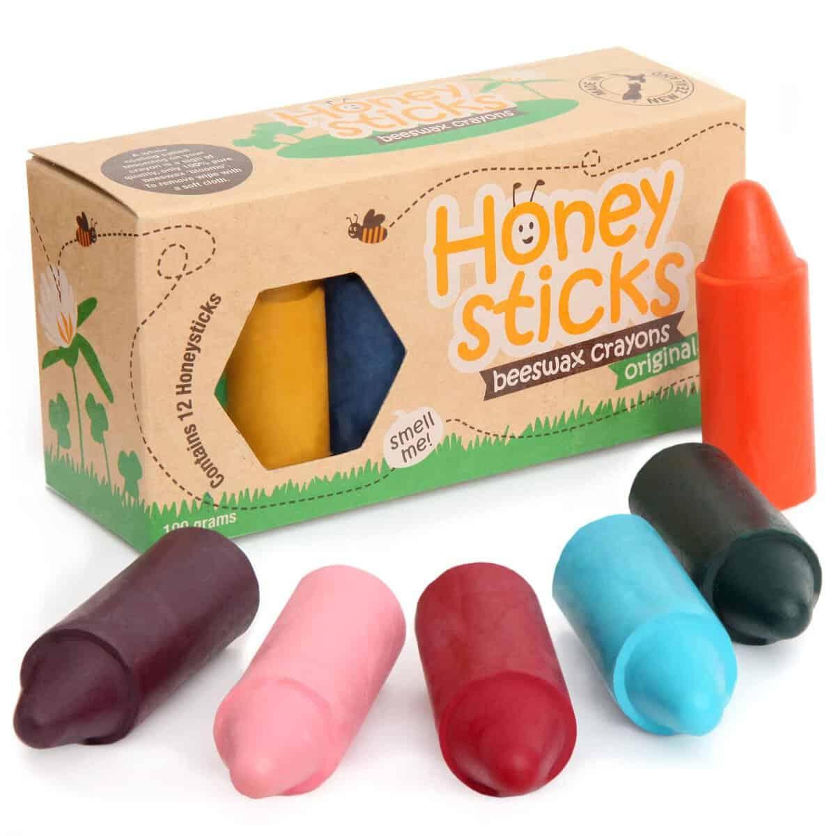 Honeysticks Boîte de 12 gros crayons 100% en pure cire d’abeille naturels et non toxiques, idéals pour les tout petits (1 an et plus) comme les plus grands, faits main en Nouvelle-Zélande