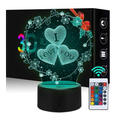 Veilleuse 3D en forme de cœur Yuragim, idéale pour offrir à Noël, lampe romantique avec télécommande et 16 couleurs.