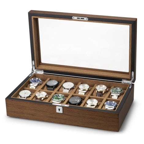 Ensemble de rangement de montres en bois QIWODE avec 12 compartiments, idéal pour offrir à la Saint-Valentin ou un anniversaire masculin.