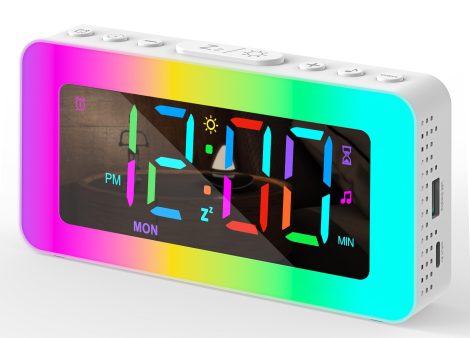 Réveil numérique multicolore avec miroir LED 8 modes, aide au sommeil, gradateur, port USB pour enfants.