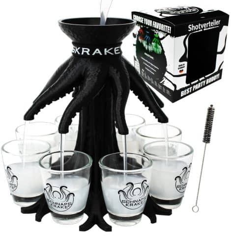 Schnapskrake ® – L’Authentique – Distributeur de Boissons pour 8 personnes – Idée cadeau homme/femme – Cadeau 18 ans – Jeux pour fêtes (Noir, Verres offerts)