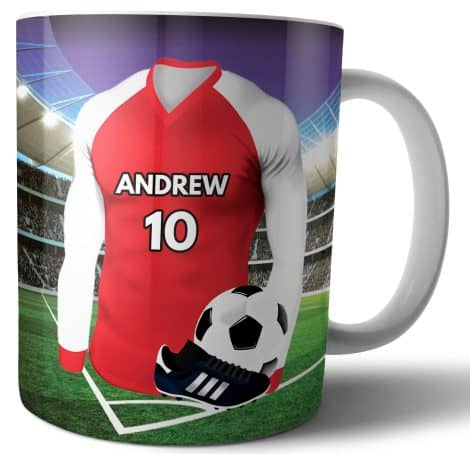 Cadeau personnalisé pour fan d’Arsenal : Maillot ou tasse, idéal pour anniversaire, Noël ou Secret Santa.