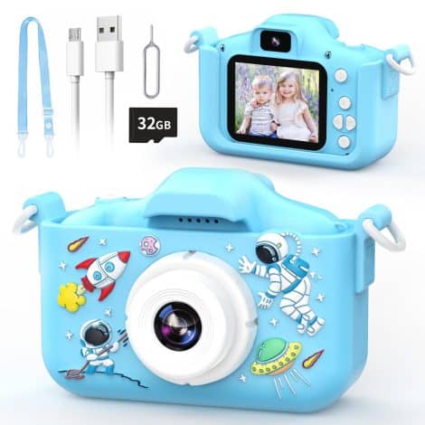 Appareil photo pour enfants 12MP, astronaute, caméra vidéo 1080P, avec écran 2″, carte 32G, zoom 8X, jouet cadeau pour garçons filles 3-10 ans – Bleu.