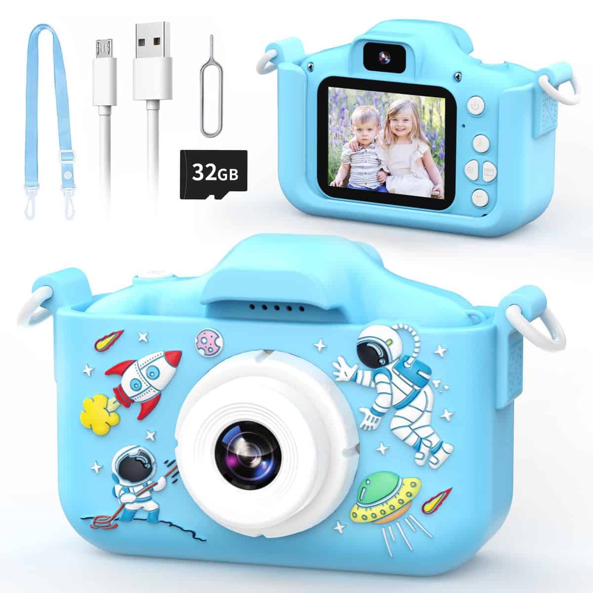 YunLone Appareil Photo Enfants 12MP Astronaute Appareil Photo Numérique Caméra Vidéo 1080P avec 2" IPS, Carte 32G, Zoom 8X, Spaceman Camara Jouet Cadeau pour Garçons Filles 3 4 5 6 7 8 9 10 Ans-Bleu