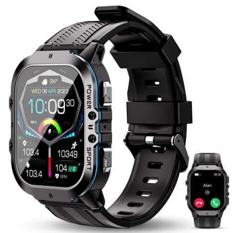 Montre connectée pour homme OUKITEL BT20 (2023) avec suivi de la fréquence cardiaque/SpO2/sommeil, 5 ATM, plus de 100 modes sportifs, grand écran AMOLED de 1,96 pouce, smartwatch avec appels Bluetooth pour Android iOS.