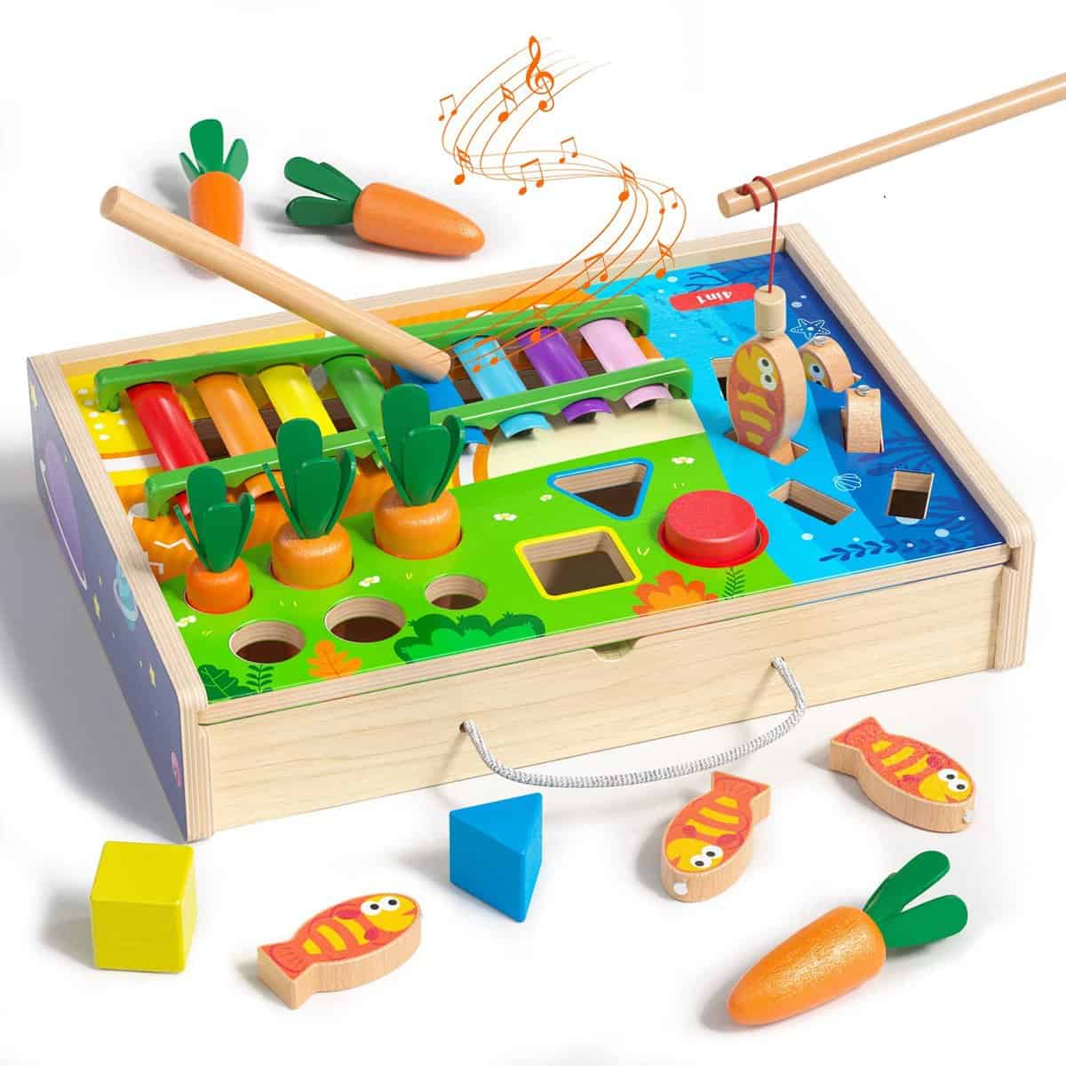 Jouets Montessori en Bois pour Enfants 5 en 1 Jouet de Xylophone de Couleur Jeu de Récolte des Carottes Jouets d'apprentissage de Développement Cadeau pour Tout-Petits 1 2 3 4 Ans