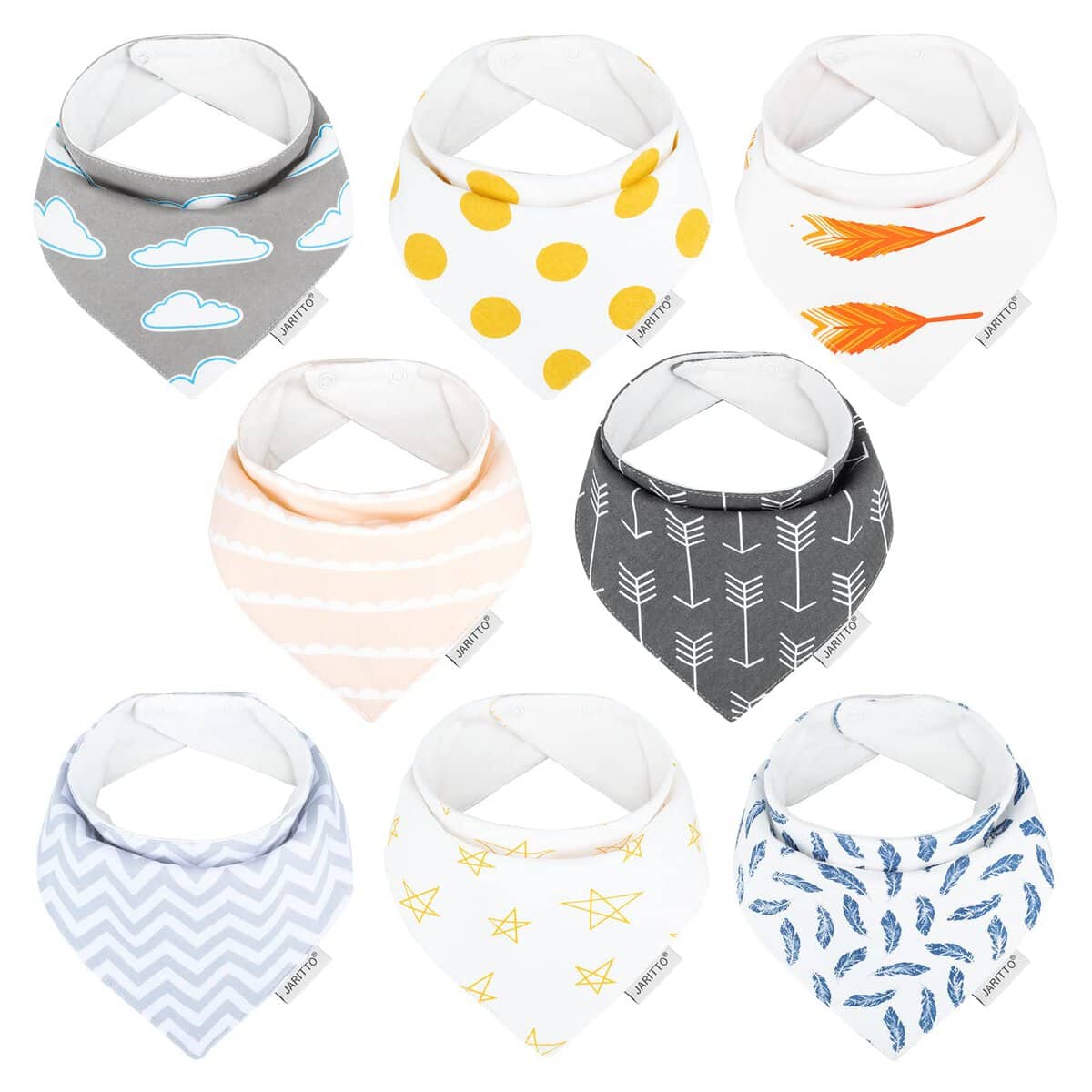 JARITTO Bavoirs Triangulaires Bébé 8 PCS Garçon Fille Bavette Bandana Dentition Coton Serviette de Salive Doux Absorbant Cadeau Naissance pour les Nouveau-nés Nourrissons Tout-Petits (Série 1)