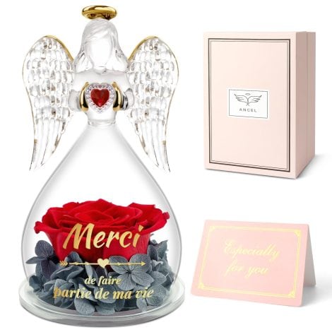 Rose éternelle dans un joli coffret avec ange gardien, cadeau original pour femme, maman, fille, épouse, sœurs. Idéal pour Noël, Saint-Valentin et Fête des Mères.