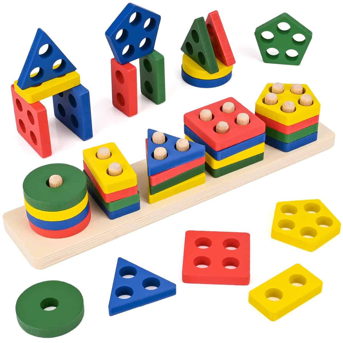 Jouets Montessori pour Tout-Petits de 1 2 3 Ans, 20 Pcs Jouet en Bois à Empiler et Tri Jouet Éducatif de Couleurs et Formes Puzzle en Bois pour Enfants Cadeau pour Fille Garcon 1 2 3 Ans (01)