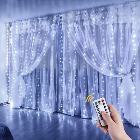 Anpro Rideau Lumineux 3m x 3m – 300 LEDs USB Guirlande Rideau Lumineuse pour Décoration festive. (Blanc Froid)