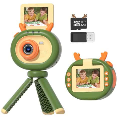 Caméra pour enfants avec support, appareil photo numérique de 48MP pour garçons et filles de 3 à 12 ans. Cadeau idéal pour anniversaire, vacances, fêtes et Nouvel An. Vidéo HD vert.