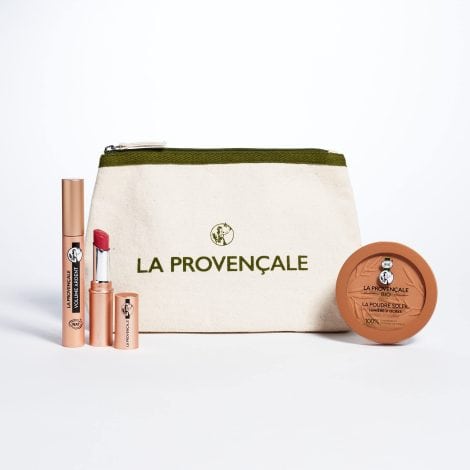 Trousse de maquillage bio provençale avec mascara, rouge à lèvres et poudre pour un teint éclatant.