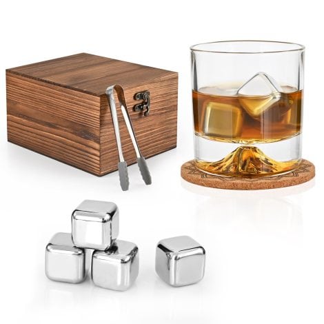 Kit Pierre à Whisky : Cadeau masculin idéal pour Noël, Papa ou Lui, avec glaçons réutilisables, verre et boîte en bois.