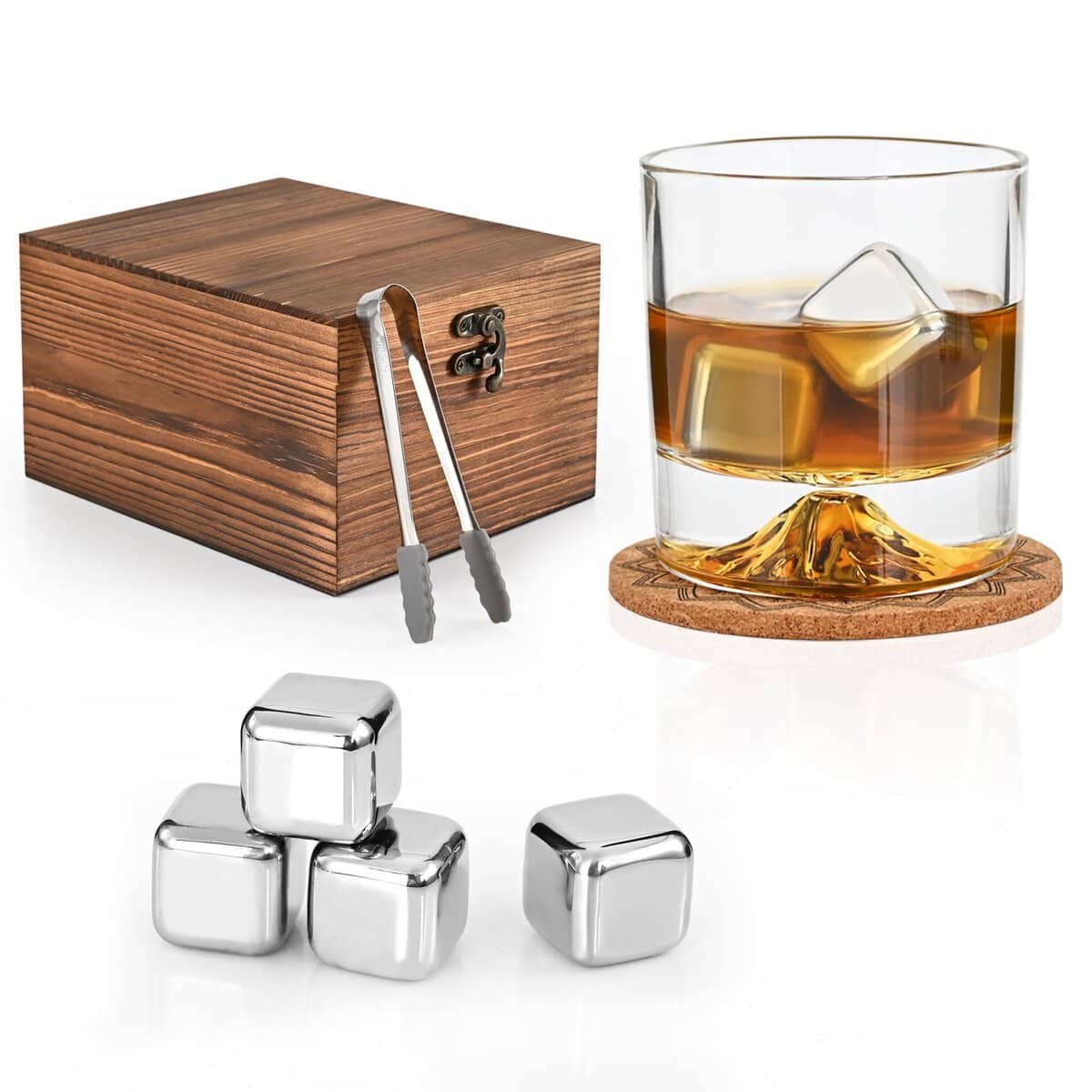 EooCoo Ensemble de Coffret Pierre Whisky Cadeau Homme, Idee Cadeau Noel Homme, Cadeau pour Papa, Lui - 4 Glacon Pierres à Whisky Réutilisables + Verre a Whisky + 1 sous-Verre + Boîte en Bois