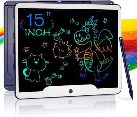 Tablette d’écriture LCD colorée de 15 pouces pour enfants de 2 à 8 ans. Parfait cadeau pour filles et garçons. (Bleu)