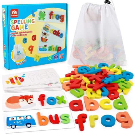 Jeu d’apprentissage en bois ABC Montessori pour enfants : Cartes flash, correspondance des formes et lettres.