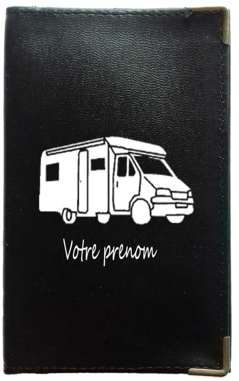 Syl’la étui personnalisé de carte grise et papiers de voiture en simili noir pour homme ou femme (Camping Car avec prénom)