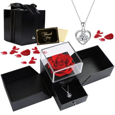 Coffret Bijoux Fleuri avec Collier – Rose éternelle Viosmut, cadeau idéal pour la Saint-Valentin, la Fête des Mères, Noël.