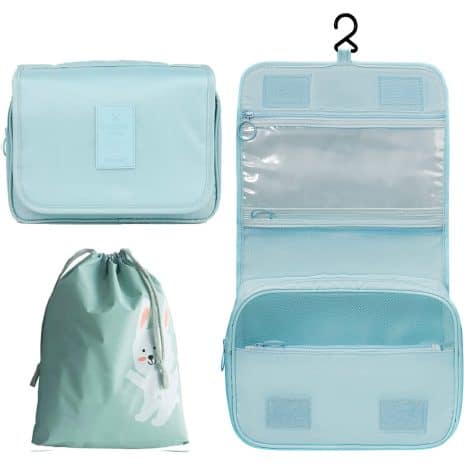 Trousse de toilette femme pliable et étanche OrgaWise, pratique et multifonction, avec joli petit sac.